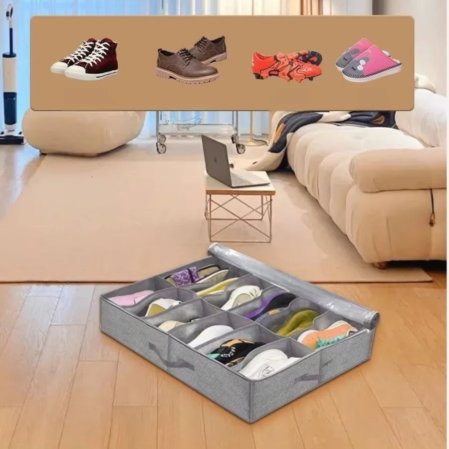 Under Bed Shoe Storage Organizer, can accommodate 12 to 16 pairs of shoes, with transparent window, breathable, foldable